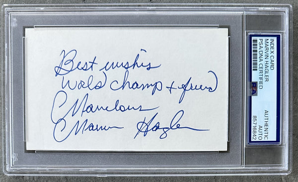 HAGLER, MARVELOUS MARVIN SIGNED INDEX CARD (PSA/DNA)