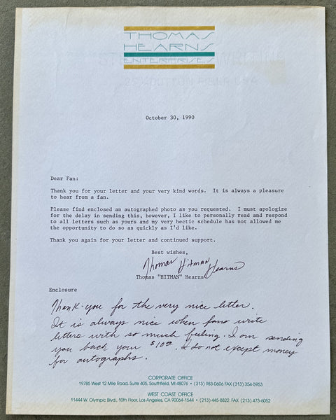 HEARNS, THOMAS SIGNED LETTER (1990)