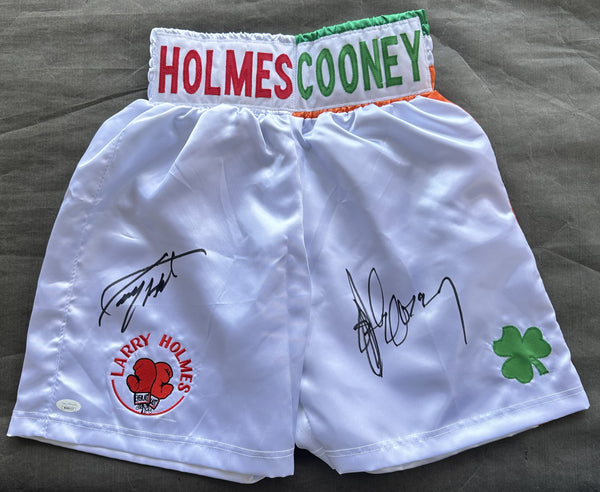 HOLMES, LARRY & GERRY COONEY SIGNED BOXING TRUNKS (JSA)