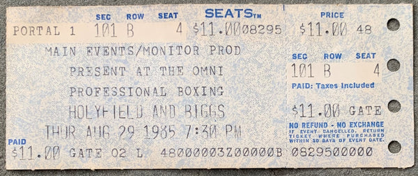 HOLYFIELD, EVANDER-RICK MYERS & PERNELL WHITAKER-TEDDY HATFIELD STUBLESS TICKET (1985)