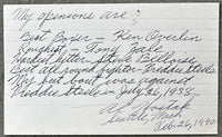 HOSTAK, AL SIGNED INDEX CARD WITH OPINIONS ON FIGHTERS