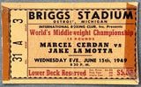 LAMOTTA, JAKE-MARCEL CERDAN ON SITE STUBLESS TICKET (1949-LAMOTTA WINS THE TITLE)