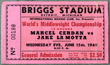 LAMOTTA, JAKE-MARCEL CERDAN ON SITE STUBLESS TICKET (1949-LAMOTTA WINS THE TITLE-PSA/DNA GOOD 2))