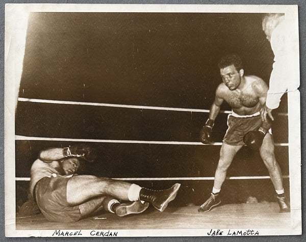 LAMOTTA, JAKE-MARCEL CERDAN ORIGINAL TYPE 1 WIRE PHOTO (1949-LAMOTTA WINS TITLE)