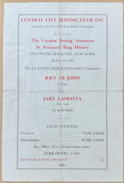 LAMOTTA, JAKE-JOEY DEJOHN & CARMEN BASILIO-JOHNNY CLEMONS OFFICIAL PROGRAM (1949)