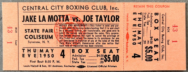 LAMOTTA, JAKE-JOE TAYLOR RARE ON SITE FULL TICKET (1950)