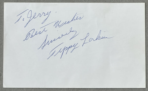 LARKIN, TIPPY SIGNED INDEX CARD