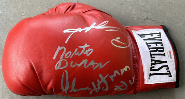 LEONARD, SUGAR RAY & ROBERTO DURAN & THOMAS HEARNS SIGNED BOXING GLOVE (PSA/DNA AUTHENTICATED)