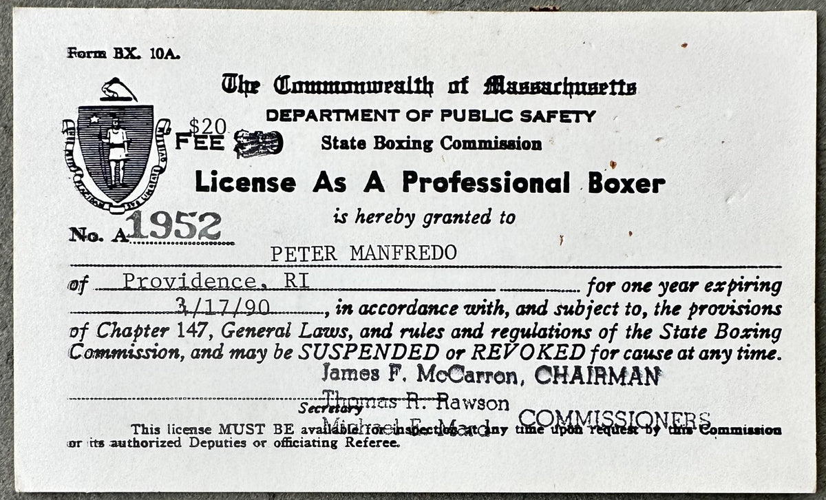 MANFREDO, JR., PETER BOXING LICENSE (1990) – JO Sports Inc.