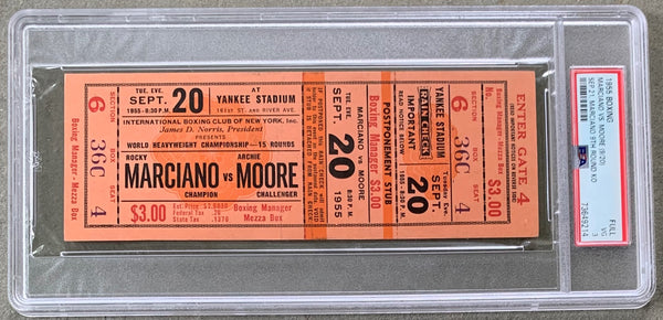 MARCIANO, ROCKY-ARCHIE MOORE ON SITE FULL TICKET(1955-MARCIANO'S LAST FIGHT-PSA/DNA VG 3)