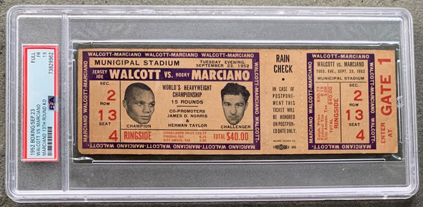 MARCIANO, ROCKY-JERSEY JOE WALCOTT I ON SITE FULL TICKET (1952-MARCIANO WINS TITLE-PSA/DNA)