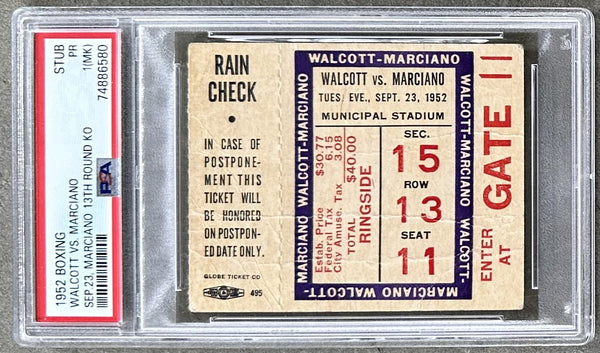 MARCIANO, ROCKY-JERSEY JOE WALCOTT I ON SITE TICKET STUB (1952-MARCIANO WINS TITLE-PSA/DNA)