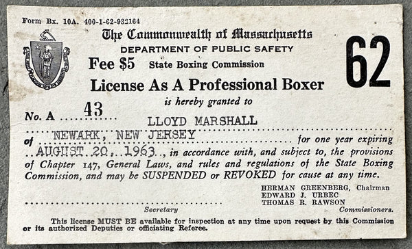 MARSHALL, LLOYD BOXING LICENSE (1962)