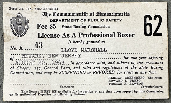 MARSHALL, LLOYD BOXING LICENSE (1962) – JO Sports Inc.