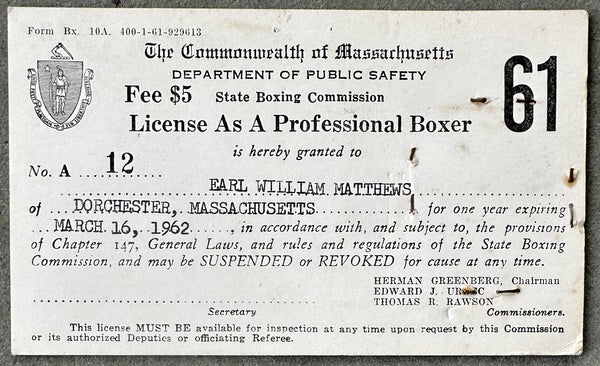 MATTHEWS, EARL "KID" BOXING LICENSE (1961)