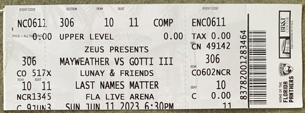 MAYWEATHER, JR., FLOYD-JOHN GOTTI III ON SITE EXHIBITION FULL TICKET (2023)