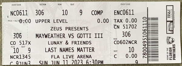 MAYWEATHER, JR., FLOYD-JOHN GOTTI III ON SITE EXHIBITION FULL TICKET (2023)