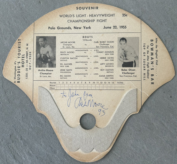 MOORE, ARCHIE-CARL "BOBO" OLSON SOUVENIR ADVERTISING PROGRAM (1955-SIGNED BY ARCHIE MOORE)