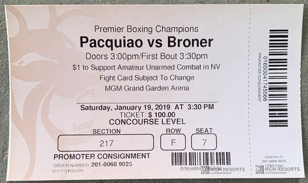 PACQUIAO, MANNY-ARIEN BRONER ON SITE FULL TICKET (2019)