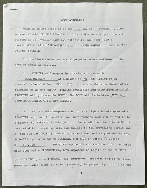 RAHMAN, HASIM & CEDRIC KUSHNER SIGNED FIGHT CONTRACT (1999-OLEG MASKAEV FIGHT)