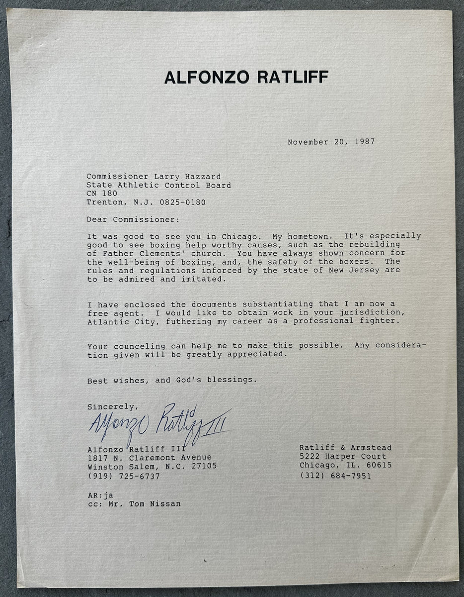 RATLIFF, ALFONZO SIGNED LETTER (1987) – JO Sports Inc.