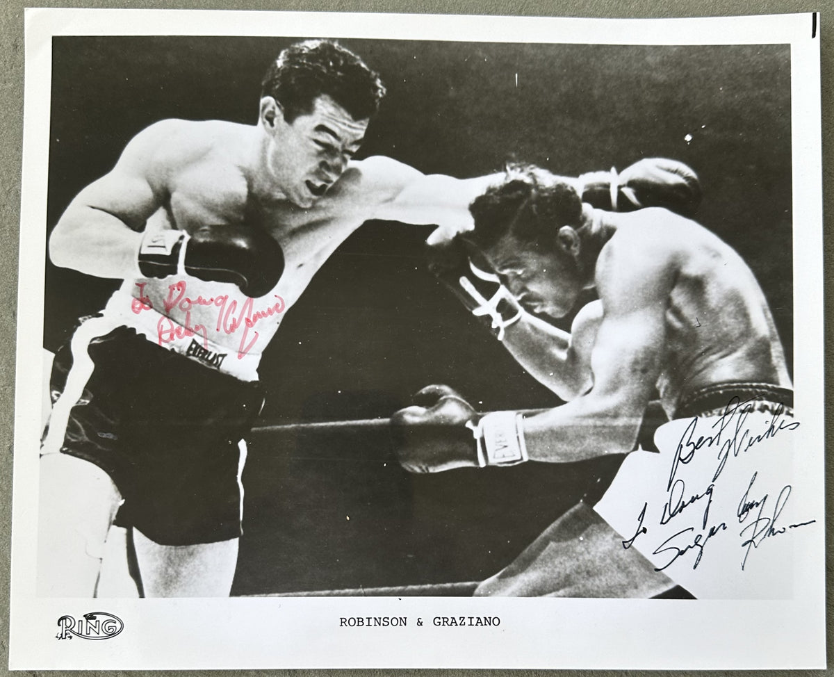 ROBINSON SUGAR RAY ROCKY GRAZIANO SIGNED PHOTO JSA SIGNED BY BOTH robinson-sugar-ray-rocky-graziano-signed-photo-jsa-signed-by-both