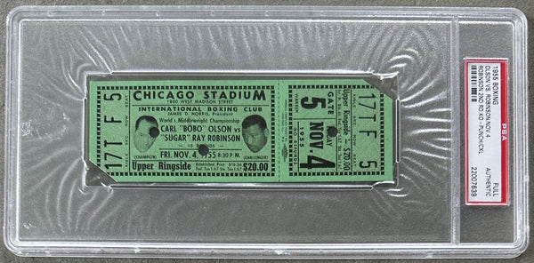 ROBINSON, SUGAR RAY-CARL "BOBO" OLSON FULL ON SITE TICKET (1955-PSA/DNA)