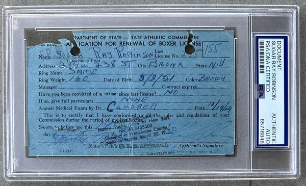 ROBINSON, SUGAR RAY SIGNED NEW YORK STATE LICENSE APPLICATION (1959-PSA/DNA)