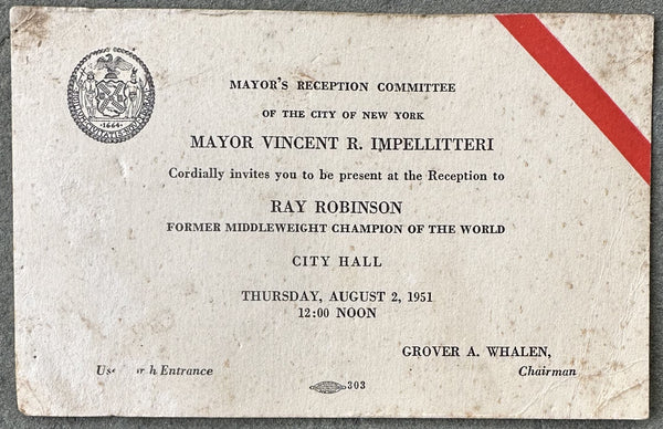 ROBINSON, SUGAR RAY NEW YORK CITY RECEPTION INVITATION (1951)