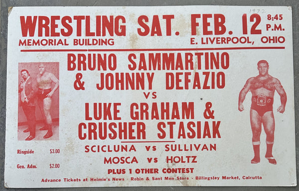 SAMMARTINO, BRUNO & JOHNNY DEFAZIO VS. LUKE GRAHAM & CRUSHER STASIAK ON SITE POSTER (1972)
