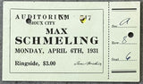 SCHMELING, MAX EXHIBITION FULL ON SITE TICKET (1931)
