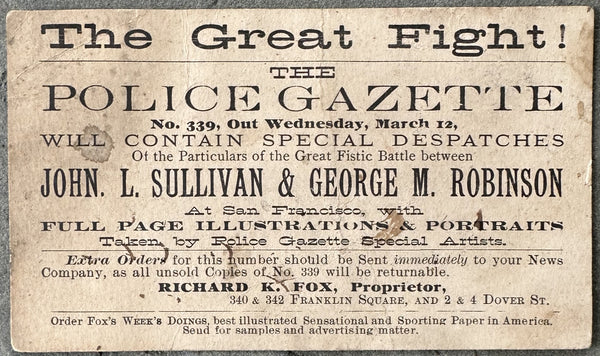 SULLIVAN, JOHN L.-GEORGE ROBINSON POLICE GAZETTE POSTCARD (RARE-1884)