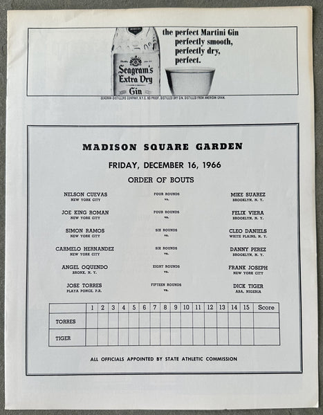 TIGER, DICK-JOSE TORRES I OFFICIAL PROGRAM (1966)