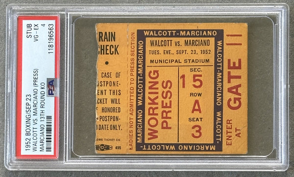 MARCIANO, ROCKY-JERSEY JOE WALCOTT I ON SITE TICKET STUB (1952-MARCIANO WINS TITLE-PSA/DNA VG-EX 4)