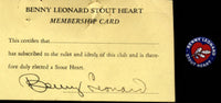 LEONARD, BENNY SIGNED STOUT HEART MEMBERSHIP CARD & PIN
