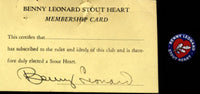 LEONARD, BENNY SIGNED STOUT HEART MEMBERSHIP CARD & PIN