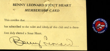 LEONARD, BENNY SIGNED STOUT HEART MEMBERSHIP CARD & PIN
