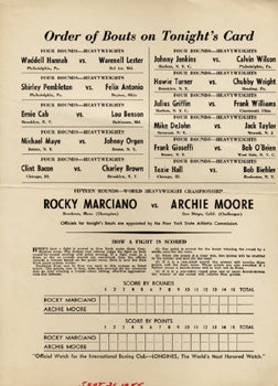 MARCIANO, ROCKY-ARCHIE MOORE SCORE SHEET (1955)
