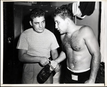 LAMOTTA, JAKE & JOEY WIRE PHOTO (1949-TRAINING FOR CERDAN)