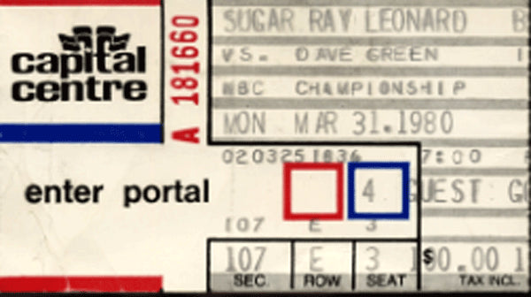 LEONARD, SUGAR RAY-DAVEY BOY GREEN STUBLESS TICKET (1980)