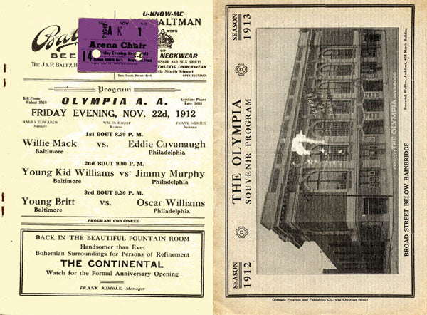 WILLIAMS, KID-HARRY SMITH OFFICIAL PROGRAM & TICKET STUB (1912)