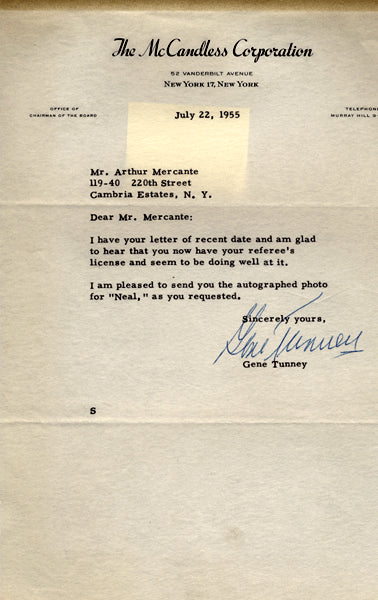 TUNNEY, GENE SIGNED LETTER