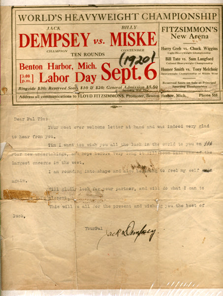 DEMPSEY, JACK SIGNED LETTER (1920-AS CHAMPION)