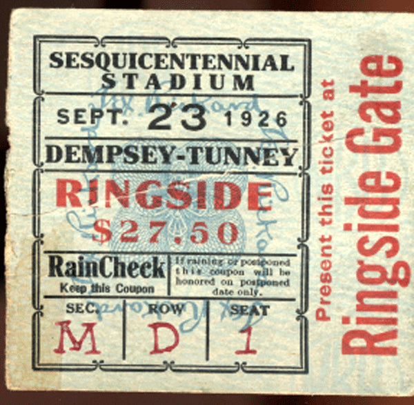 TUNNEY, GENE-JACK DEMPSEY I SIGNED TICKET STUB (1926)
