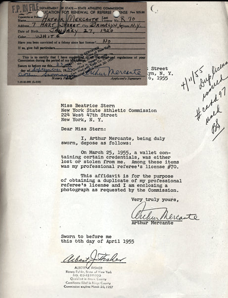 MERCANTE, ARTHUR SIGNED LICENSE APPLICATION (1955)