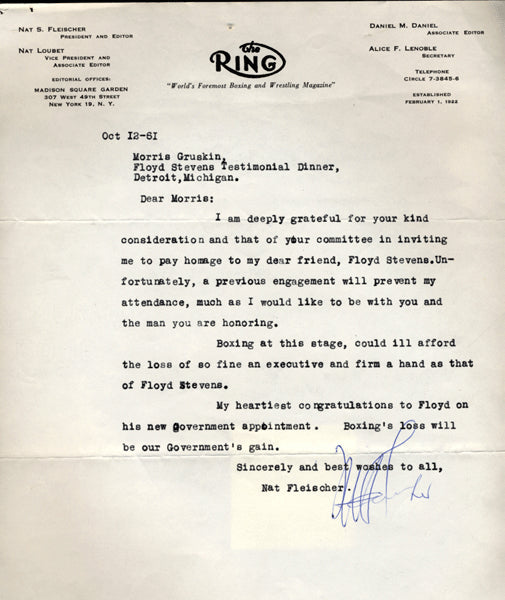 FLEISCHER, NAT SIGNED LETTER (1961)