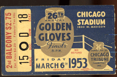 LISTON, SONNY GOLDEN GLOVES ON SITE STUBLESS TICKET (1953)