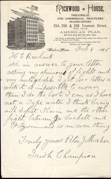 MAHER, PETER HAND WRITTEN & SIGNED LETTER (1896)