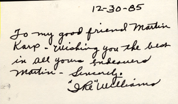 WILLIAMS, IKE SIGNED INDEX CARD