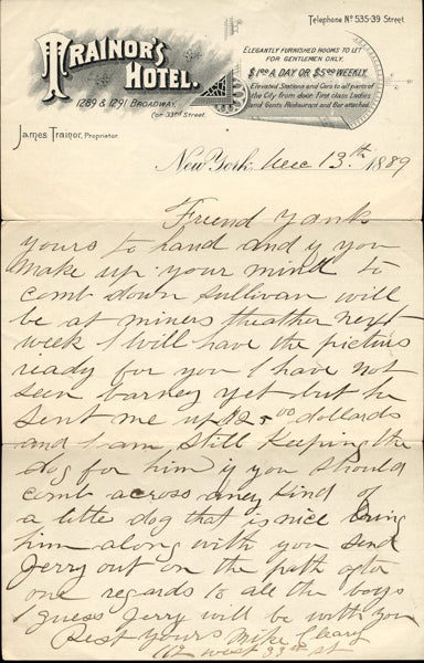 CLEARY, MIKE HAND WRITTEN & SIGNED LETTER (TO YANK SULLIVAN)
